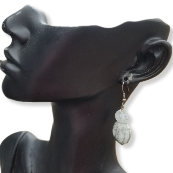 VINTAGE TREE AGATE GEMSTONE & GLASS DROP HOOK EARRINGS - Picture 2 of 5